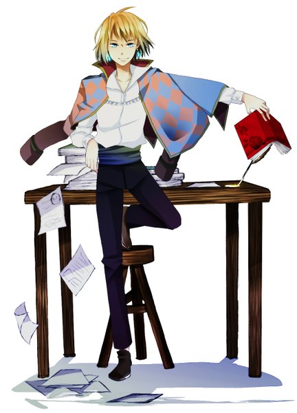 Anime picture 1072x1488 with howl's moving castle studio ghibli howl single tall image looking at viewer short hair blonde hair smile standing aqua eyes boy earrings boots book (books) chair table paper