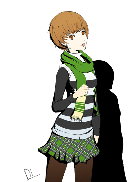 イラスト 763x1000 と ペルソナ4 ペルソナ3 persona satonaka chie female protagonist (p3) dh (brink of memories) ソロ 長身像 カメラ目線 短い髪 simple background 茶色の髪 白背景 茶目 signed 影 plaid skirt コスプレ female protagonist (p3) (cosplay) 女の子