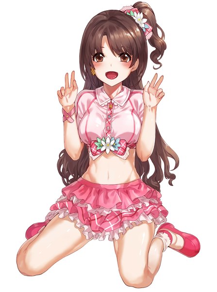 Anime picture 797x1070 with idolmaster idolmaster cinderella girls shimamura uzuki kfr single long hair tall image looking at viewer blush open mouth simple background brown hair white background brown eyes one side up victory girl dress