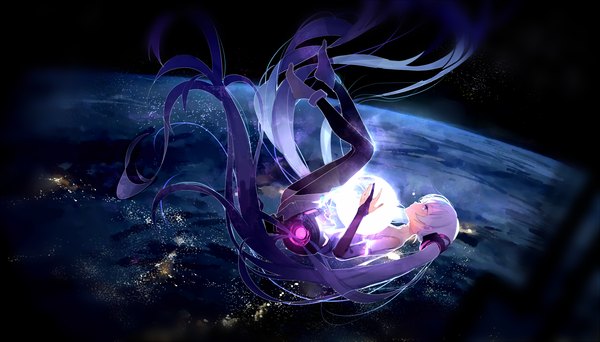 Anime picture 1750x1000 with vocaloid vocaloid append hatsune miku hatsune miku (append) yu jiu single fringe highres wide image twintails looking away purple hair bent knee (knees) very long hair profile from above no shoes glow city lights space