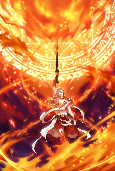 Anime picture 1181x1748 with magi the labyrinth of magic a-1 pictures ali baba saluja lin nuli xiulian single long hair tall image looking at viewer open mouth blonde hair smile brown eyes groin magic boy navel weapon sword fire magic circle
