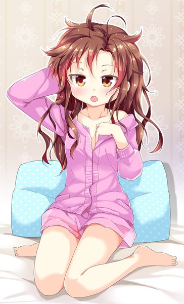 Anime picture 600x988 with original porurin single long hair tall image blush open mouth brown hair sitting brown eyes looking away ahoge loli adjusting hair wariza polka dot messy hair girl shorts pillow