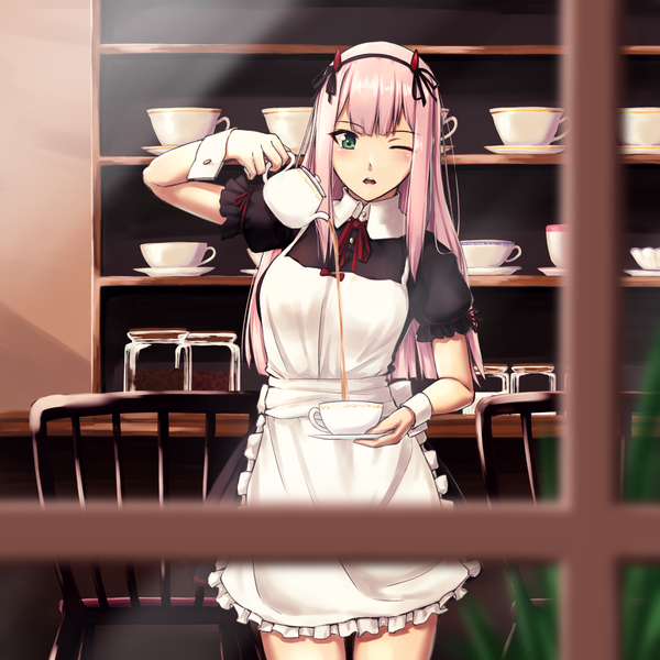 Anime picture 1637x1637 with darling in the franxx studio trigger zero two (darling in the franxx) enchuu single long hair blush fringe breasts open mouth standing holding green eyes payot pink hair indoors blunt bangs one eye closed horn (horns) blurry