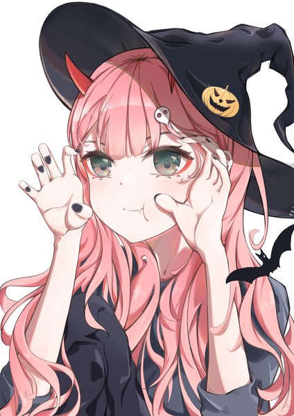 Anime picture 2480x3508 with darling in the franxx studio trigger zero two (darling in the franxx) yi zhi yu yao yao long hair tall image looking at viewer fringe highres simple background white background pink hair nail polish horn (horns) aqua eyes fang (fangs) halloween black nail polish :t pout