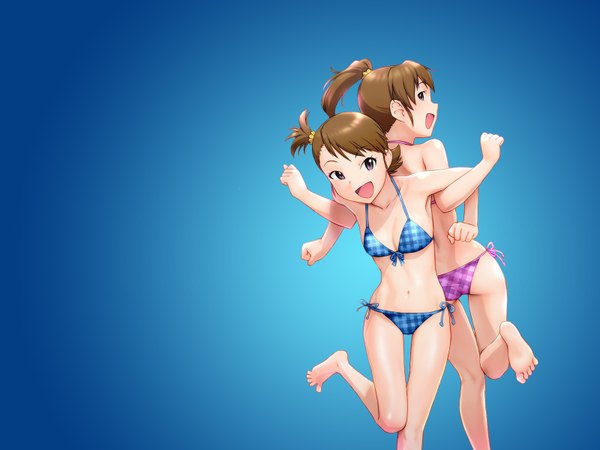 Anime picture 1600x1200 with idolmaster futami mami futami ami looking at viewer short hair open mouth brown hair multiple girls brown eyes ponytail looking back barefoot side ponytail blue background siblings twins back to back sisters girl navel