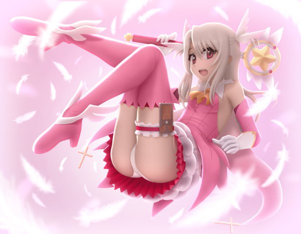 Anime picture 1280x1000 with fate (series) fate/kaleid liner prisma illya type-moon illyasviel von einzbern siraha single long hair looking at viewer open mouth light erotic bare shoulders white hair pink eyes two side up legs pink background girl dress gloves hair ornament