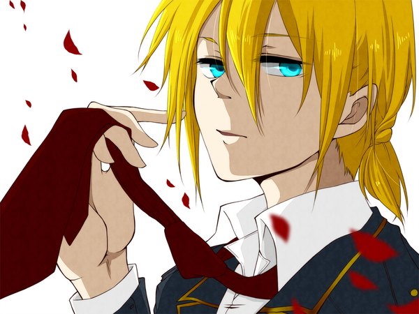 Anime picture 1024x768 with vocaloid kagamine len oyatunoousama single looking at viewer fringe short hair simple background blonde hair hair between eyes white background shaded face low ponytail boy petals necktie