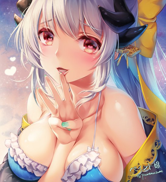Anime picture 819x900 with fate (series) fate/grand order kiyohime (fate) kiyohime (swimsuit lancer) (fate) paint musume single long hair tall image looking at viewer blush fringe breasts open mouth light erotic simple background hair between eyes red eyes large breasts bare shoulders signed