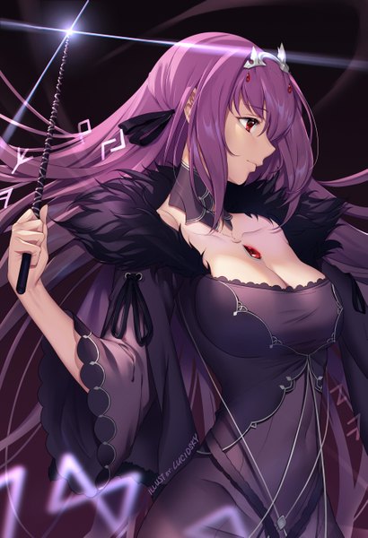 Anime picture 975x1425 with fate (series) fate/grand order scathach (fate) (all) scathach skadi (fate) lucidsky single long hair tall image fringe breasts light erotic simple background hair between eyes red eyes large breasts standing holding signed payot looking away