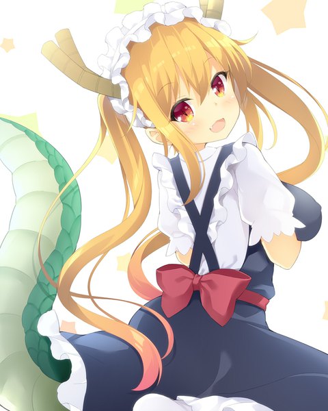 Anime picture 788x985 with kobayashi-san chi no maidragon kyoto animation tooru (maidragon) maccha single long hair tall image blush fringe breasts open mouth light erotic simple background blonde hair hair between eyes large breasts white background twintails head tilt :d