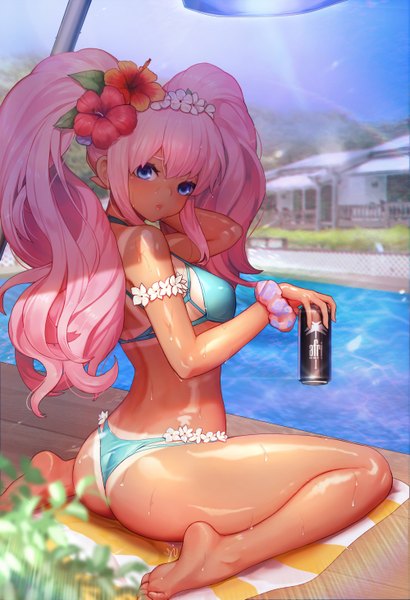 Anime picture 1000x1461 with original y.i. (lave2217) single long hair tall image looking at viewer blush fringe breasts blue eyes light erotic hair between eyes sitting twintails holding payot pink hair sky full body bent knee (knees)
