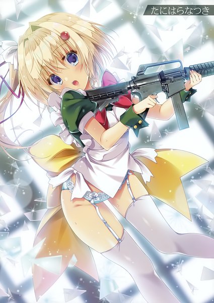Anime picture 2480x3500 with melonbooks tanihara natsuki single tall image looking at viewer blush fringe highres short hair open mouth blue eyes light erotic blonde hair hair between eyes scan one side up girl thighhighs hair ornament underwear