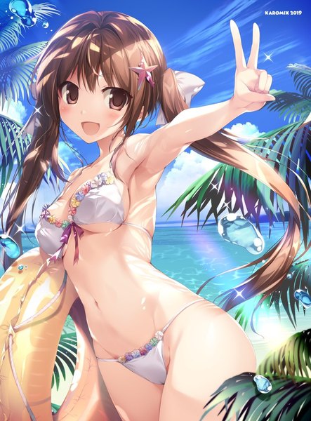Anime picture 756x1024 with original karory single long hair tall image looking at viewer blush fringe breasts open mouth light erotic hair between eyes brown hair standing twintails bare shoulders brown eyes sky cloud (clouds) outdoors