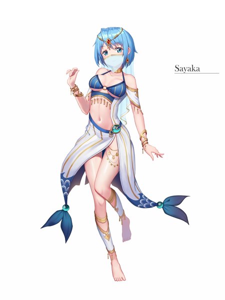Anime picture 1500x2000 with mahou shoujo madoka magica shaft (studio) miki sayaka du mogu single tall image looking at viewer fringe short hair breasts blue eyes light erotic simple background smile standing white background bare shoulders blue hair full body barefoot