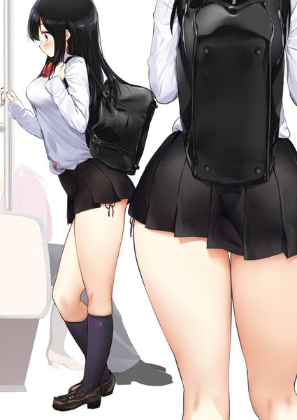 Anime picture 650x918 with original kaisen chuui long hair tall image light erotic black hair simple background standing white background brown eyes payot looking away ass profile pleated skirt from behind multiview thick thighs train interior girl