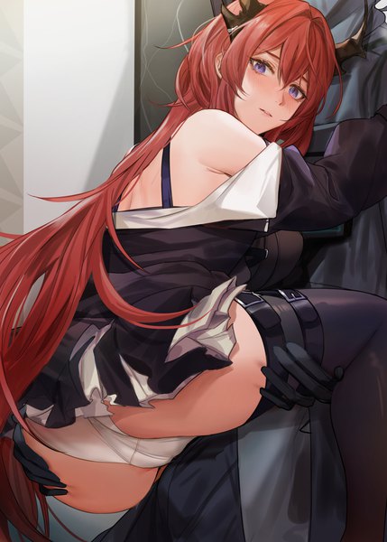 Anime picture 2500x3500 with arknights surtr (arknights) doctor (arknights) muunai long hair tall image looking at viewer blush fringe highres light erotic hair between eyes purple eyes payot red hair horn (horns) from behind off shoulder turning head ambiguous gender