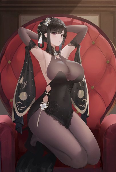 Anime picture 2412x3564 with azur lane chen hai (azur lane) chen hai (vestibule of wonders) (azur lane) dido (magicc) single tall image fringe highres short hair breasts light erotic black hair red eyes large breasts looking away full body indoors blunt bangs hair flower arms up