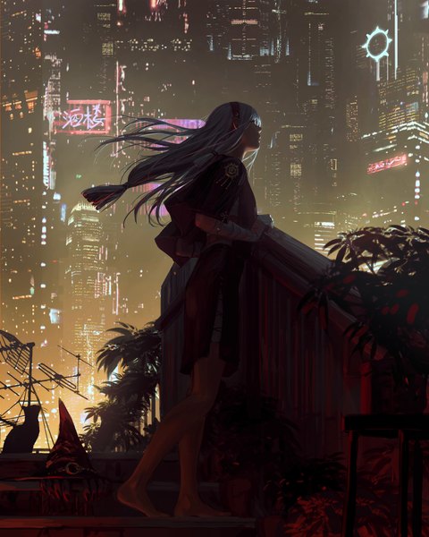 Anime picture 5000x6248 with original guweiz single long hair tall image highres standing looking away absurdres full body white hair profile barefoot night floating hair city side slit cityscape city lights hat removed