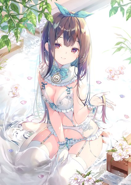 Anime picture 2093x2952 with original miwabe sakura single long hair tall image looking at viewer blush fringe highres breasts light erotic smile red eyes brown hair sitting payot cleavage scan underwear only partially submerged
