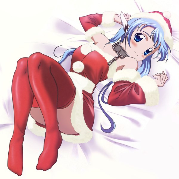 Anime picture 1500x1500 with sora no otoshimono nymph (sora no otoshimono) bumplove0202 single long hair looking at viewer blush blue eyes light erotic smile blue hair full body lying arms up on back no shoes christmas girl thighhighs skirt