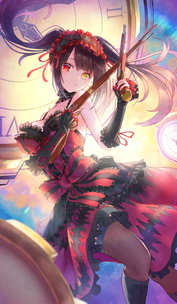 Anime picture 3500x6000 with date a live tokisaki kurumi hayataku1234 single long hair tall image looking at viewer blush fringe highres breasts black hair smile red eyes large breasts twintails bare shoulders holding yellow eyes payot