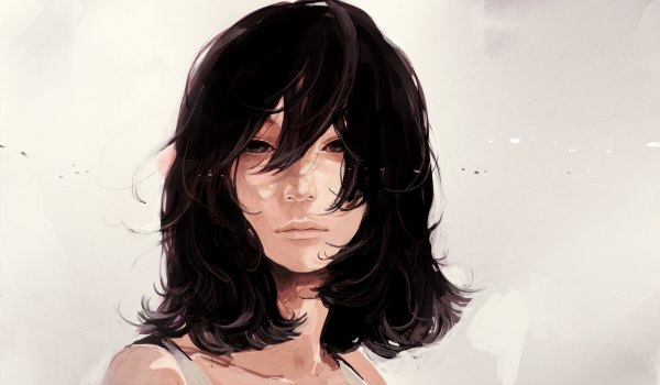 Аниме картинка 1200x700 с оригинальное изображение tae (artist) один (одна) длинные волосы смотрит на зрителя чёрные волосы широкое изображение чёрные глаза серый фон портрет девушка