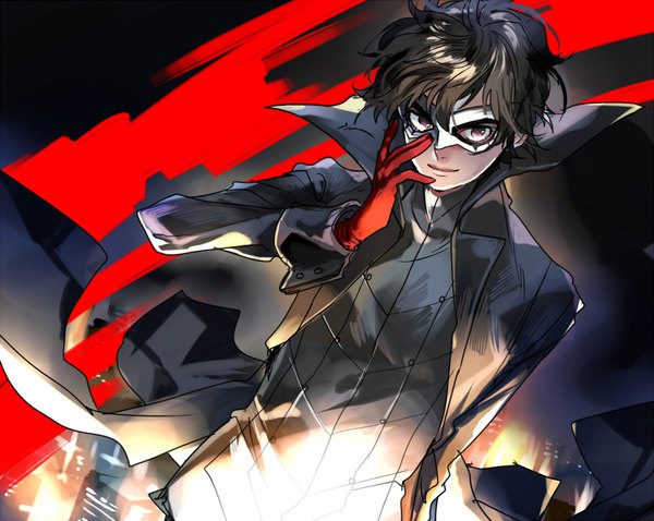Anime picture 902x719 with persona 5 persona amamiya ren kyouichi single fringe short hair black hair smile hair between eyes purple eyes upper body hand on face boy gloves cloak mask red gloves