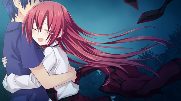 Anime picture 1280x720 with date a live itsuka kotori itsuka shidou long hair blush short hair open mouth wide image blue hair game cg red hair eyes closed couple hug tears girl boy