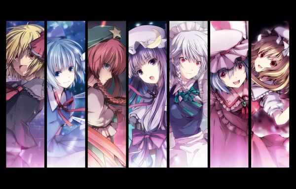 Anime picture 1400x898 with touhou flandre scarlet remilia scarlet izayoi sakuya patchouli knowledge cirno hong meiling rumia long hair short hair blonde hair blue hair purple hair white hair red hair braid (braids) teeth maid fang (fangs) girl