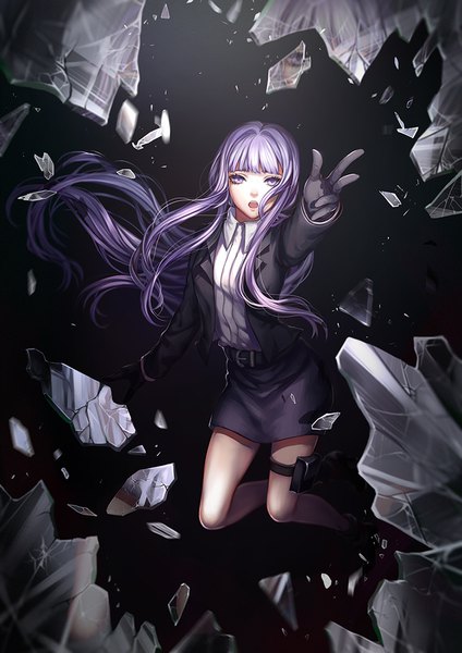 Anime picture 777x1100 with dangan ronpa kirigiri kyouko hei yu single long hair tall image looking at viewer fringe open mouth purple eyes purple hair full body bent knee (knees) blunt bangs floating hair outstretched arm reflection dark background falling broken glass