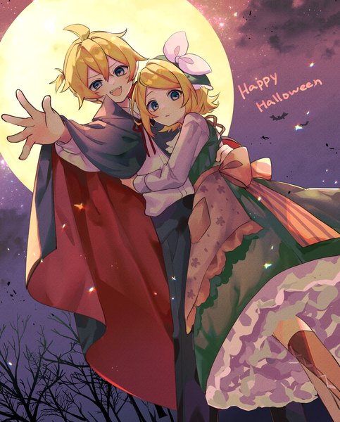Anime picture 1709x2124 with vocaloid kagamine rin kagamine len sazanami (ripple1996) tall image looking at viewer fringe highres short hair open mouth blonde hair hair between eyes purple eyes ahoge outdoors long sleeves :d from below fang (fangs) hug