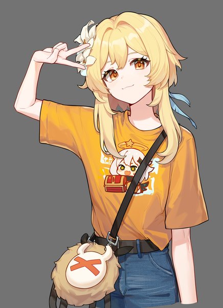 Anime picture 1362x1876 with genshin impact lumine (genshin impact) paimon (genshin impact) hilichurl (genshin impact) shiliuyexiaohei single tall image looking at viewer fringe short hair simple background blonde hair hair between eyes standing head tilt hair flower grey background orange eyes alternate costume victory