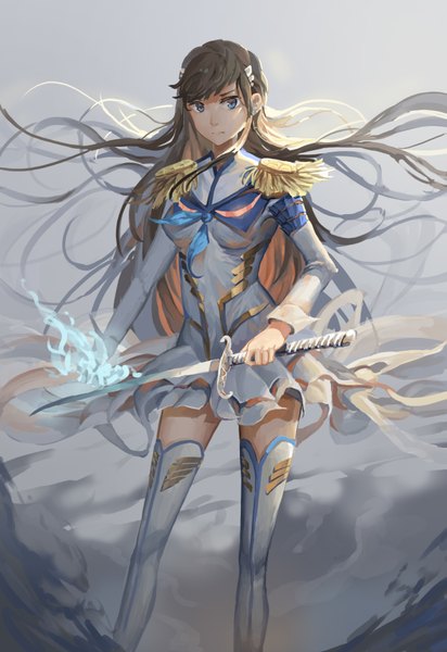 Anime picture 1247x1814 with kill la kill studio trigger kiryuuin satsuki ylpylf single long hair tall image looking at viewer blue eyes simple background brown hair standing wind sunlight grey background magic sunbeam girl uniform weapon