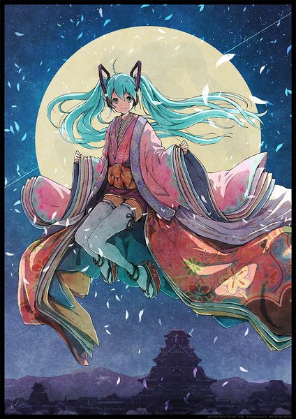 Anime picture 778x1100 with vocaloid hatsune miku satyuas single long hair tall image fringe hair between eyes twintails full body ahoge traditional clothes japanese clothes aqua eyes aqua hair night border architecture midair east asian architecture