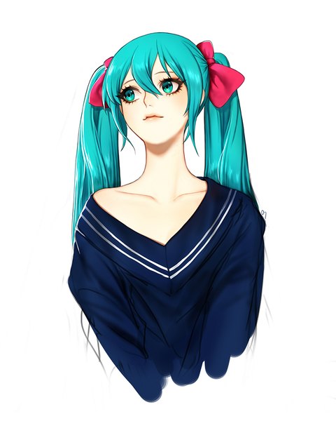 イラスト 800x1001 と ボーカロイド 初音ミク aegyo ソロ 長髪 長身像 simple background hair between eyes 白背景 ツインテール looking away aqua eyes light smile aqua hair turning head 女の子 ちょう結び ヘア蝶結び セッター