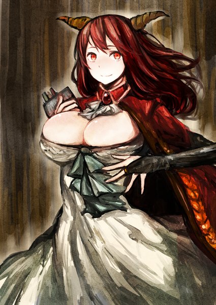 Anime picture 1000x1413 with maoyuu maou yuusha arms corporation maou (maoyuu) long hair tall image breasts red eyes large breasts red hair horn (horns) light smile demon girl girl dress