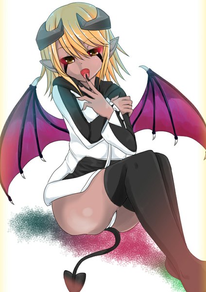 Anime picture 700x990 with monster musume no iru nichijou lilith (monster musume no iru nichijou) komomo (picturecollapse) single tall image looking at viewer fringe short hair open mouth light erotic blonde hair brown eyes tail nail polish horn (horns) fingernails pointy ears pantyshot finger to mouth pantyshot sitting
