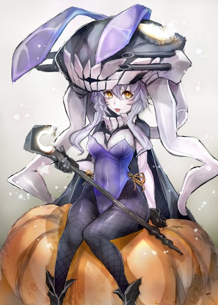 Anime picture 1069x1500 with kantai collection wo-class aircraft carrier taishi (picchiridou) single long hair tall image breasts large breasts sitting animal ears yellow eyes purple hair teeth bunny ears covered navel halloween pale skin :p shinkaisei-kan girl