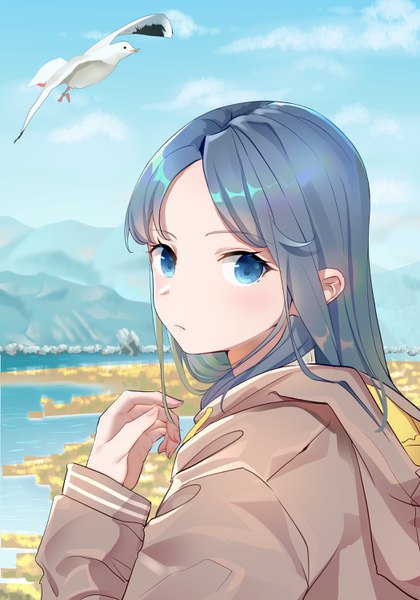 Anime picture 2100x3000 with original kongbai single long hair tall image looking at viewer blush highres blue eyes blue hair sky cloud (clouds) upper body outdoors long sleeves turning head mountain girl animal water