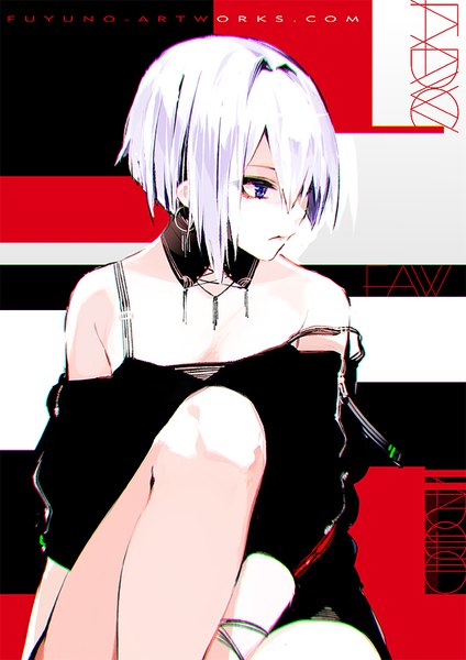 Anime picture 707x1000 with original yuranpo single tall image fringe short hair sitting purple eyes looking away silver hair hair over one eye strap slip pale skin girl detached collar