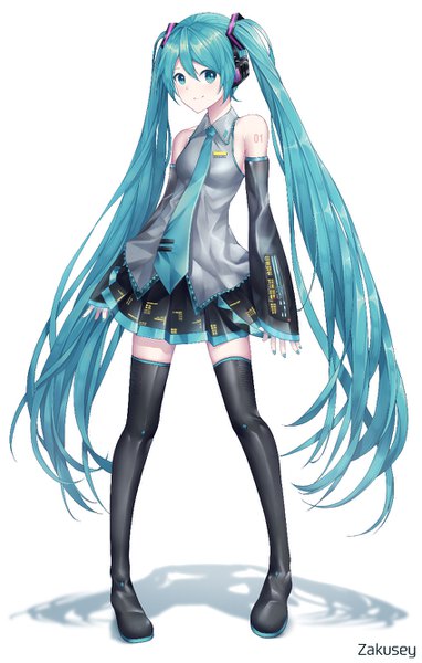 Anime picture 850x1333 with vocaloid hatsune miku zakusey single tall image looking at viewer fringe simple background hair between eyes standing white background twintails very long hair nail polish aqua eyes light smile aqua hair shadow zettai ryouiki vocaloid boxart pose