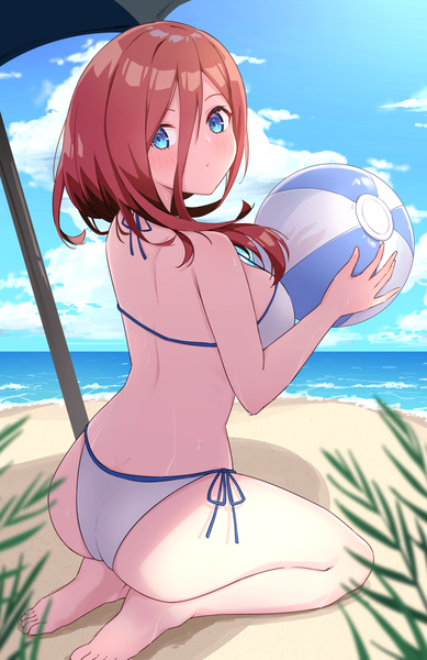 Anime picture 1000x1541 with go-toubun no hanayome nakano miku profnote single long hair tall image looking at viewer blush fringe breasts blue eyes light erotic hair between eyes brown hair large breasts sitting holding sky cloud (clouds) full body