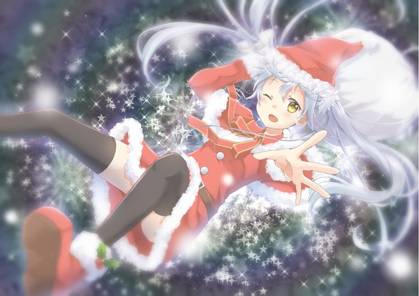 Anime picture 2047x1447 with original hirose yuki single long hair looking at viewer highres twintails yellow eyes silver hair one eye closed blurry fur trim christmas outstretched hand girl thighhighs black thighhighs hat fur santa claus hat