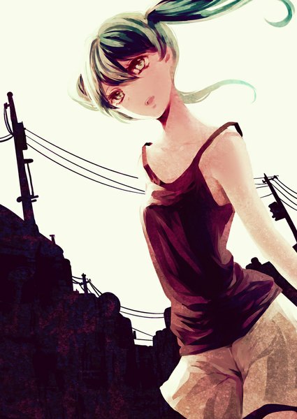 Anime picture 708x1000 with vocaloid hatsune miku yuji kazakiri single long hair tall image looking at viewer twintails green eyes green hair wind girl shorts building (buildings) tank top power lines