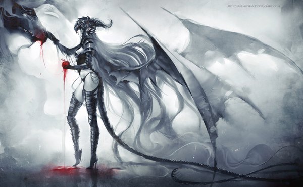 Anime picture 1600x989 with original sakimichan long hair light erotic wide image horn (horns) pointy ears grey hair monochrome demon girl demon tail demon wings girl animal wings boots thigh boots fruit helmet dragon
