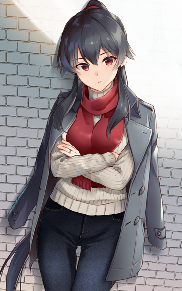 Anime picture 564x900 with kantai collection yahagi light cruiser ichinomiya (blantte) single tall image looking at viewer blush fringe black hair hair between eyes red eyes standing payot ponytail very long hair head tilt sunlight thigh gap crossed arms clothes on shoulders