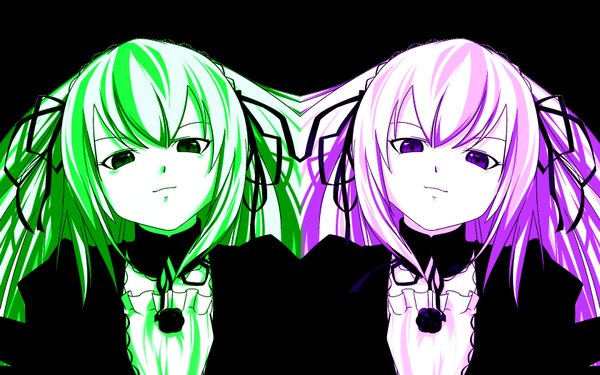 Anime picture 1680x1050 with rozen maiden suigintou long hair looking at viewer fringe simple background smile wide image purple eyes green eyes pink hair upper body green hair black background lolita fashion smirk polychromatic girl
