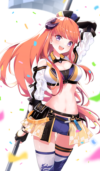 Anime picture 3438x5862 with arknights bagpipe (arknights) bagpipe (queen no. 1) (arknights) profnote single long hair tall image fringe highres open mouth light erotic purple eyes absurdres cleavage blunt bangs :d horn (horns) orange hair midriff official alternate costume