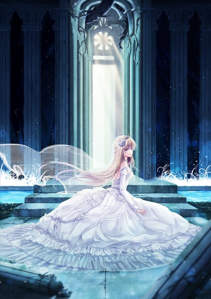 Anime picture 975x1378 with original mokoppe single long hair tall image looking at viewer fringe blue eyes blonde hair bare shoulders braid (braids) long sleeves sunlight girl dress gloves hair ornament plant (plants) detached sleeves white dress