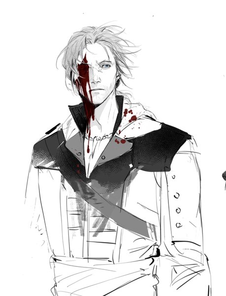 Anime picture 1566x2048 with assassin's creed (game) edward kenway mantangfeng single tall image short hair simple background looking away upper body monochrome blood on face sketch spot color boy blood